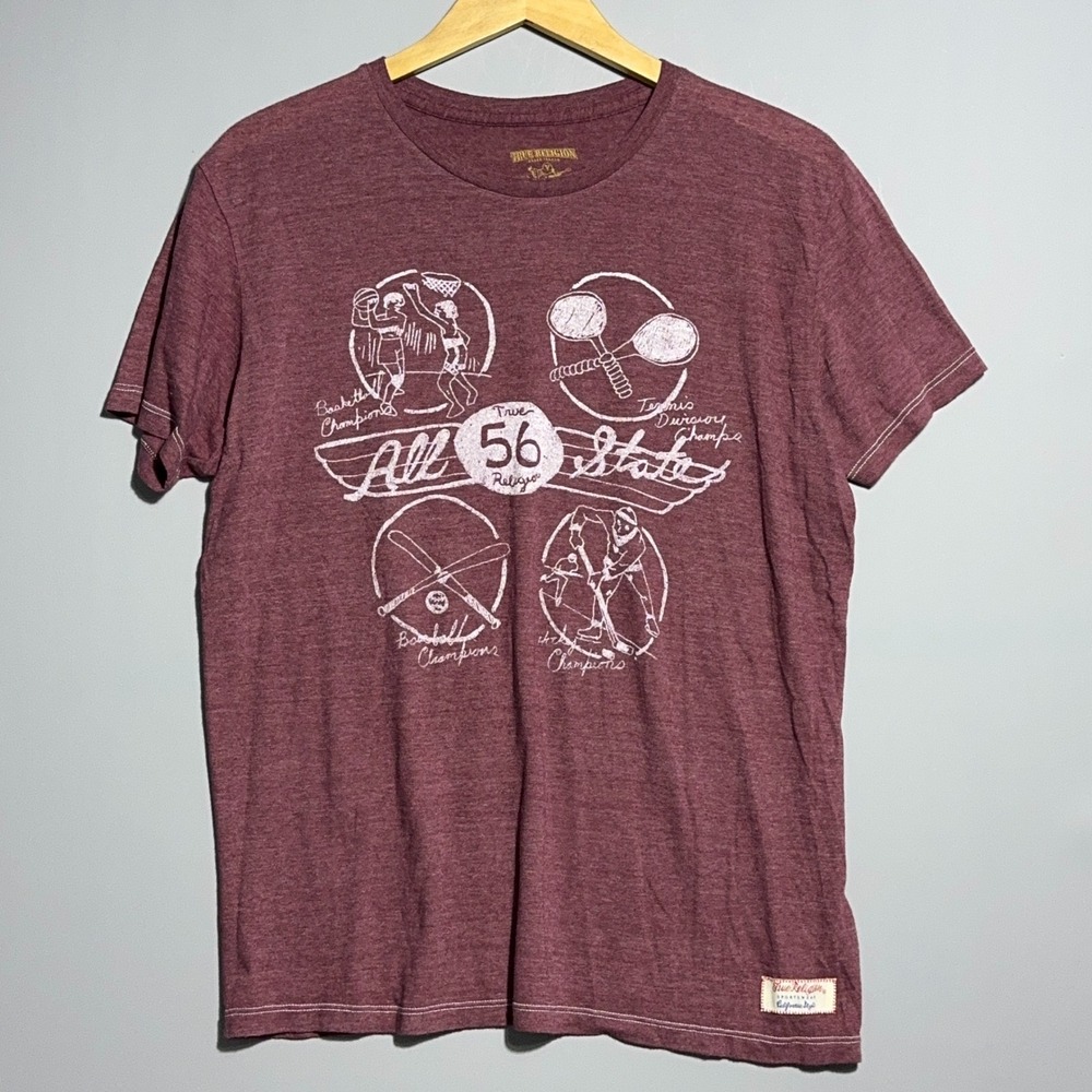 True Religion Graphic T Shirt Mens‎ Size Large Heather Maroon Sportswear